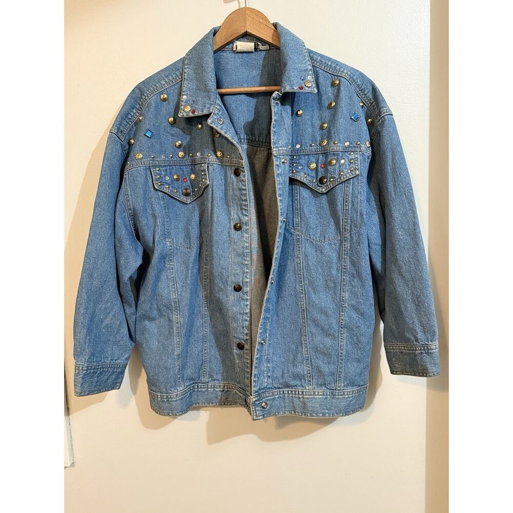 Ideas Jacket Medium Denim Jean Embellished Studded Rhinestone Light Wash